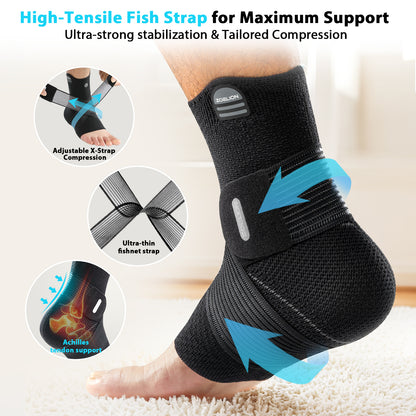 ZOELION Ankle Brace Compression Support with Removable Fishnet Strap, 3D Knit Plantar Fasciitis Relief Achilles Tendonitis Brace, Ankle Compression Sleeve for Pain Relief & Injury Healing