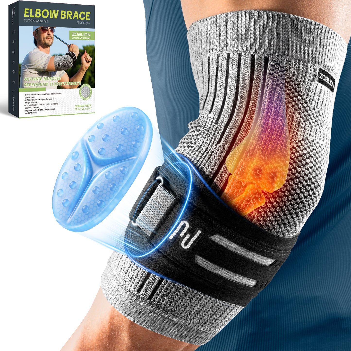 ZOELION 2X Support Tennis Elbow Brace with Targeted Gel-Pad Strap, Elbow Compression Sleeve & Counterforce Arm Band for Tendonitis, Tennis/Golfers, Weightlifting