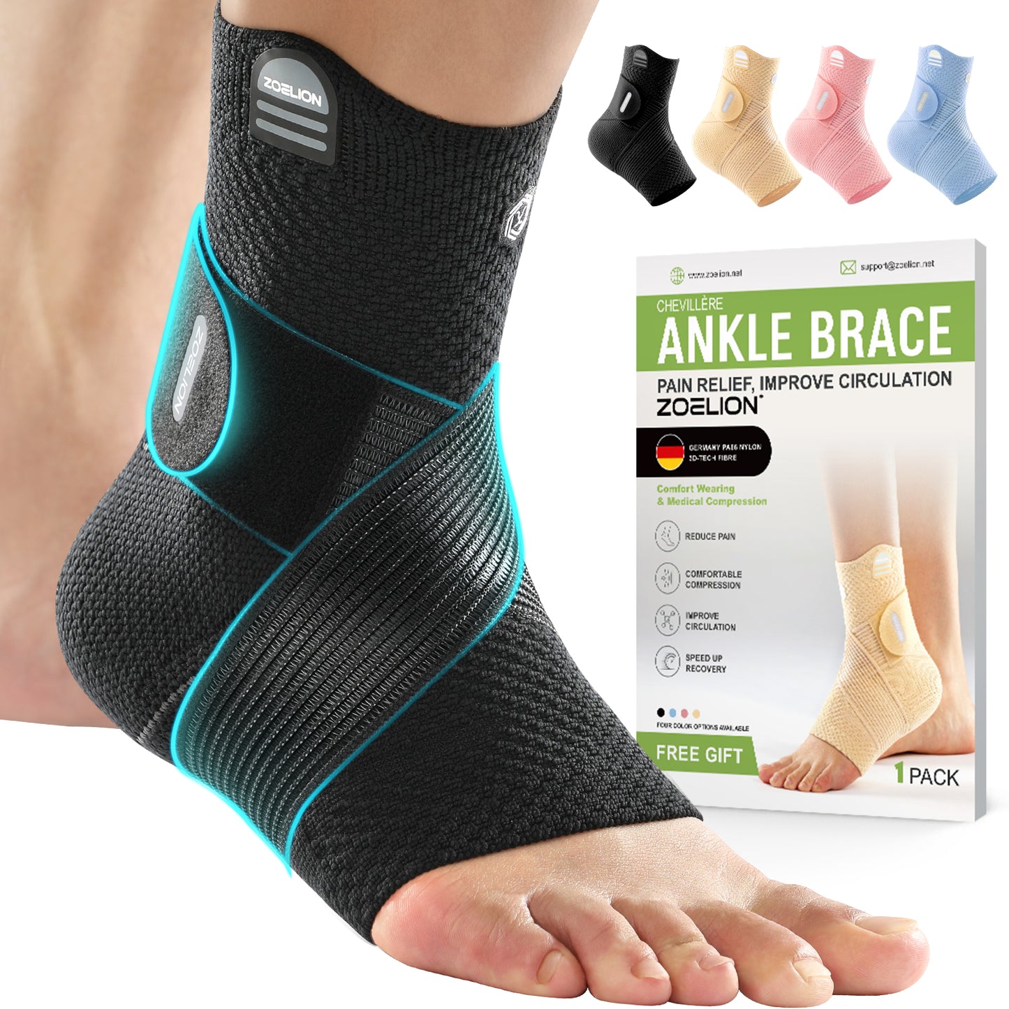 ZOELION Ankle Brace Compression Support with Removable Fishnet Strap, 3D Knit Plantar Fasciitis Relief Achilles Tendonitis Brace, Ankle Compression Sleeve for Pain Relief & Injury Healing